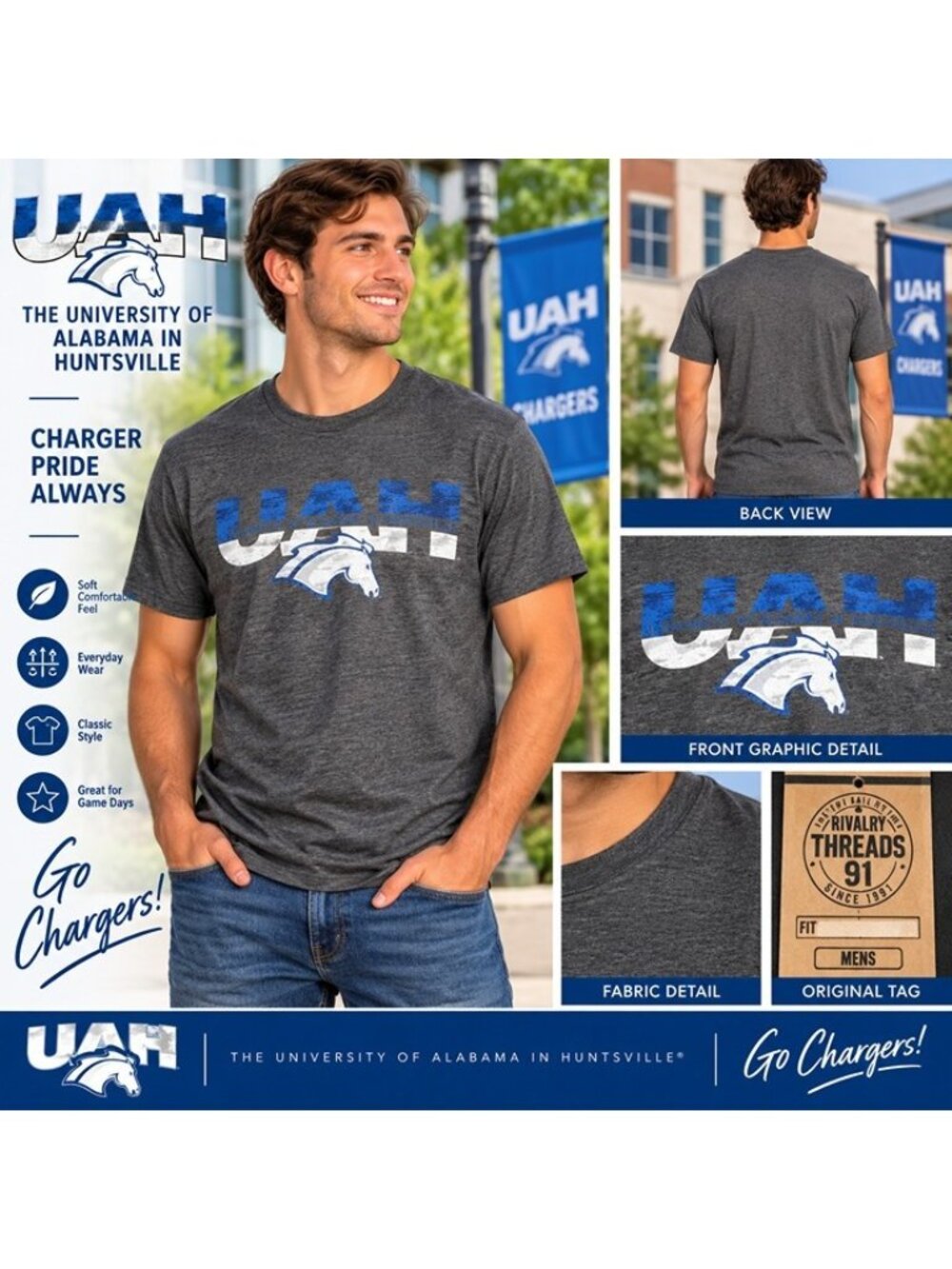 Rivalry Threads UAH Chargers Men's T-Shirt Gray Alabama Huntsville NCAA NWT L